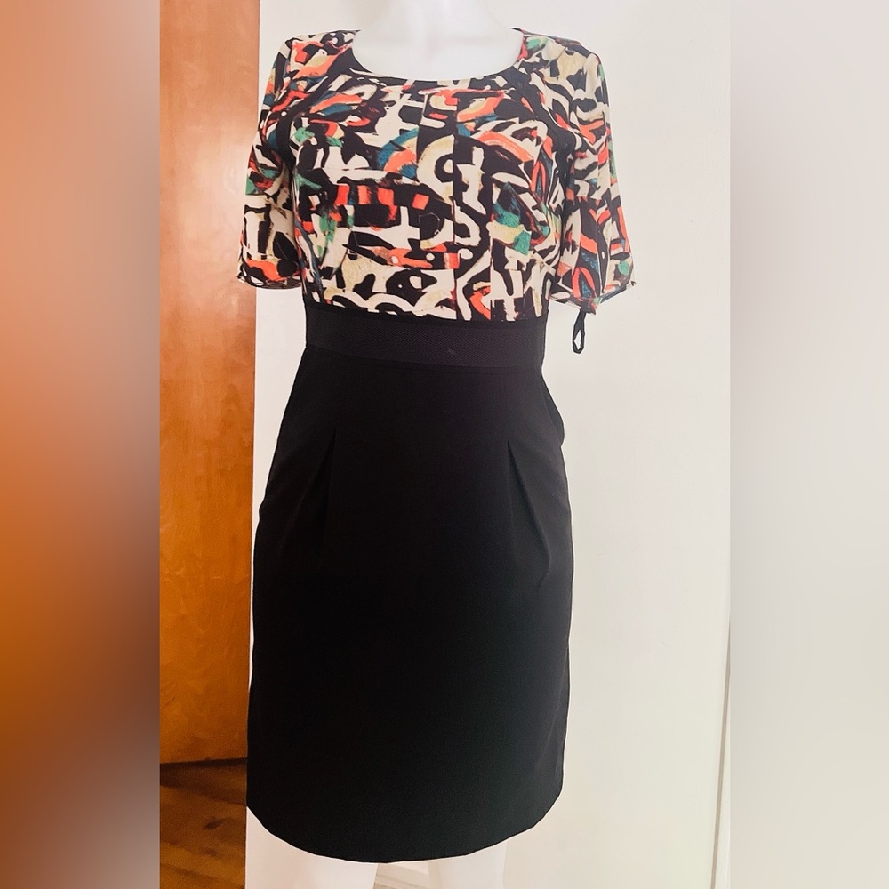 Tahari Black Pencil Skirt with Vibrant Abstract Top